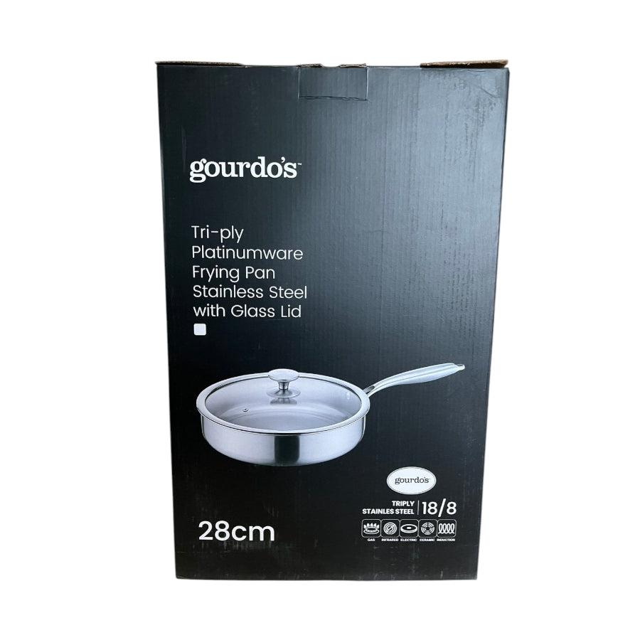 Gourdo's Tri-ply Fry Platinumware Fry Pan With Lid Stainless Steel 28 CM/ 4 Liters