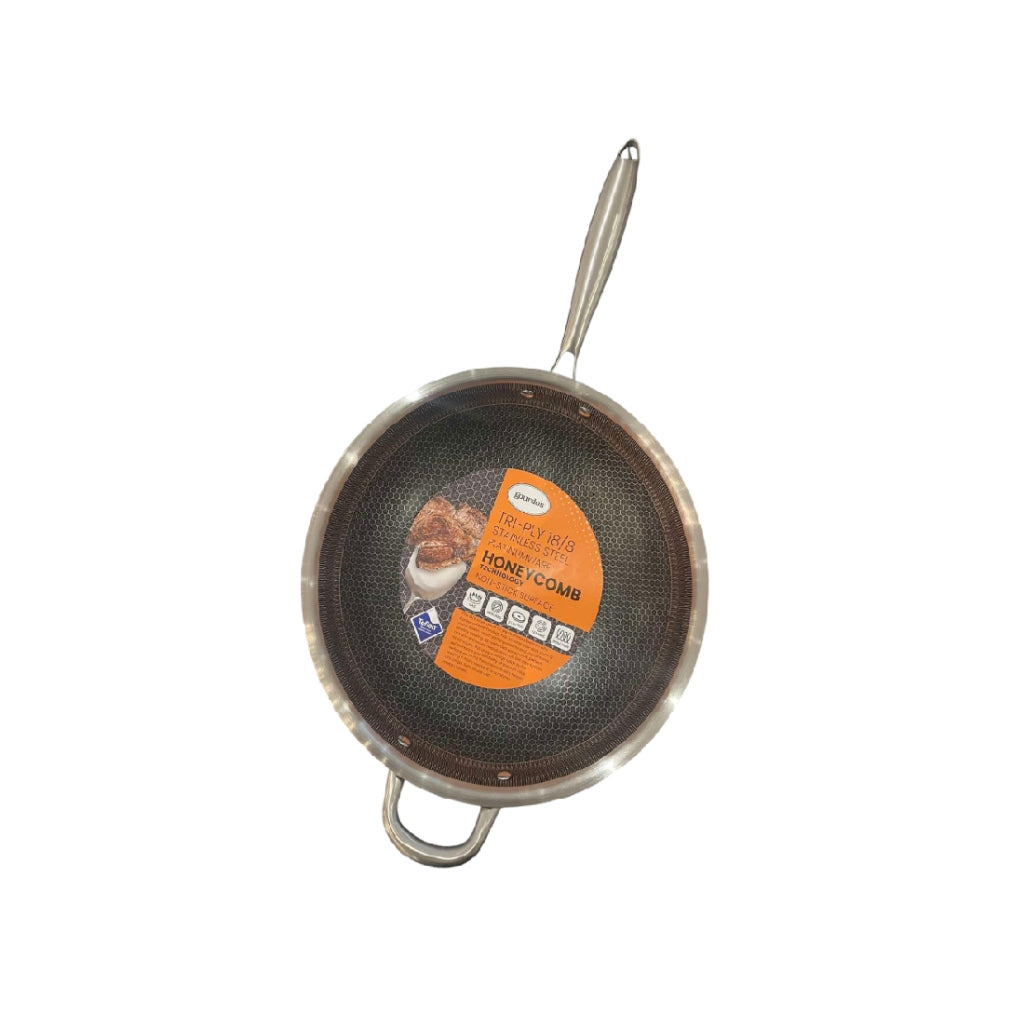 Gourdo's Wok with Glass Lid Triply Platinum Stainless Steel 18/8 Non- Stick 32 cm/ 12 Inch