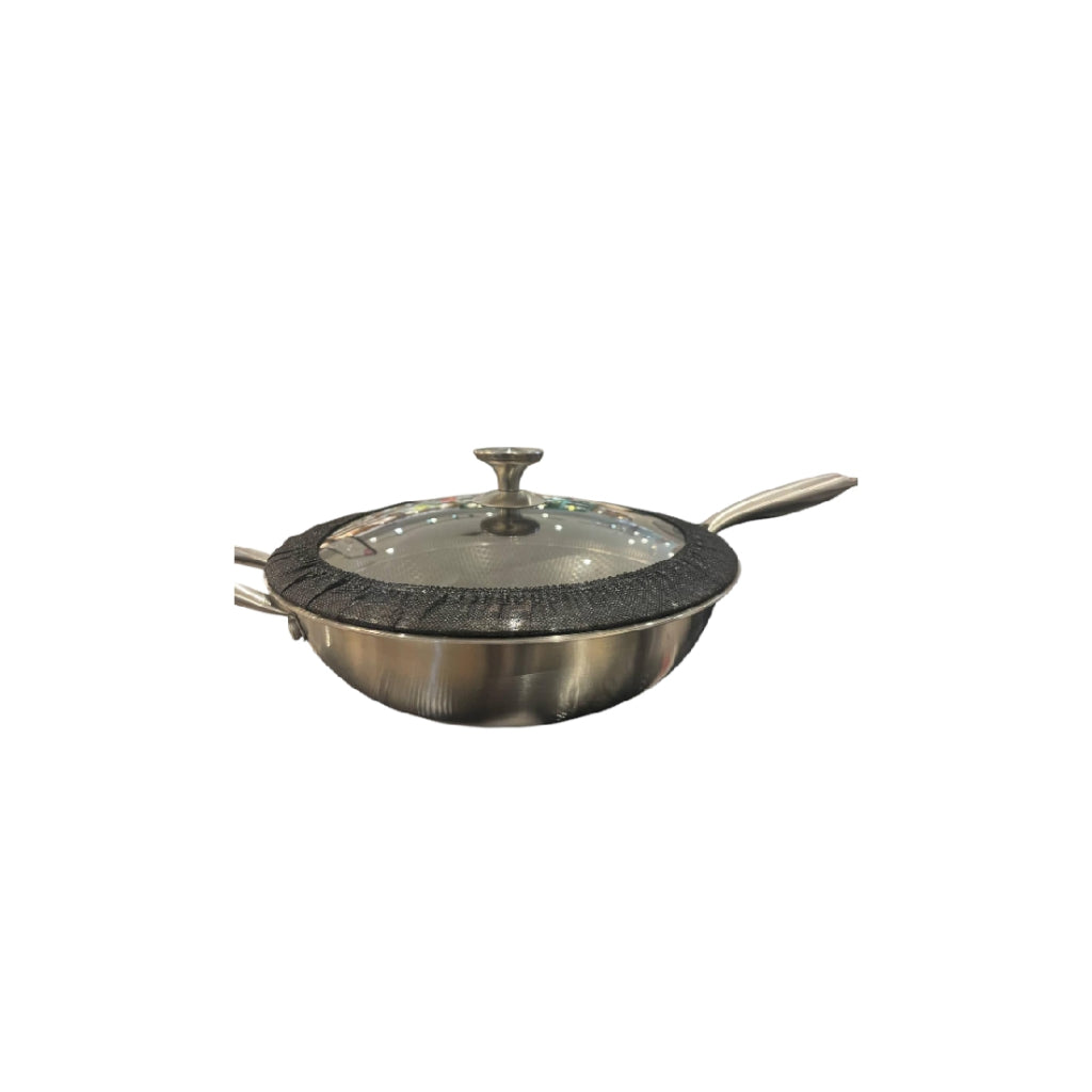 Gourdo's Wok with Glass Lid Triply Platinum Stainless Steel 18/8 Non- Stick 32 cm/ 12 Inch