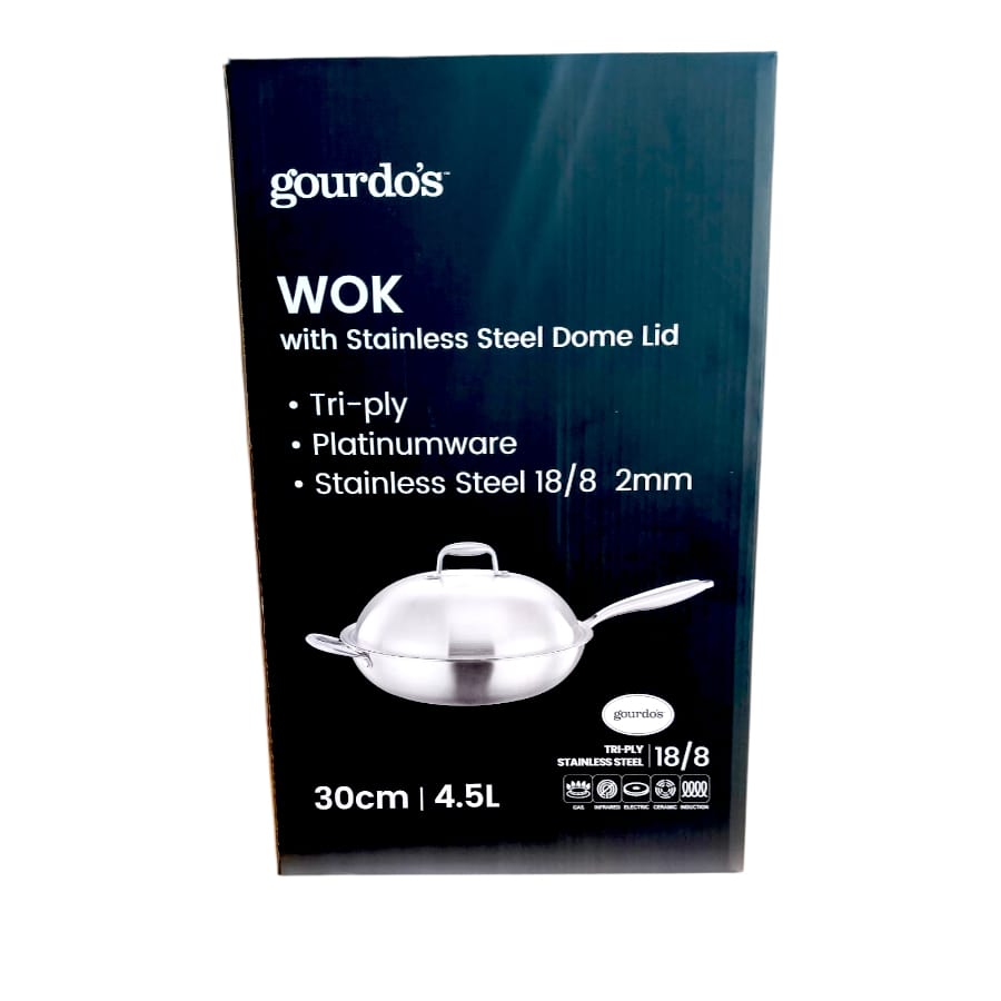 Gourdo's Wok with Stainless Steel Lid Triply Stainless Steel 18/8 , 4.5 Liters 30 cm/ 11.8 Inch