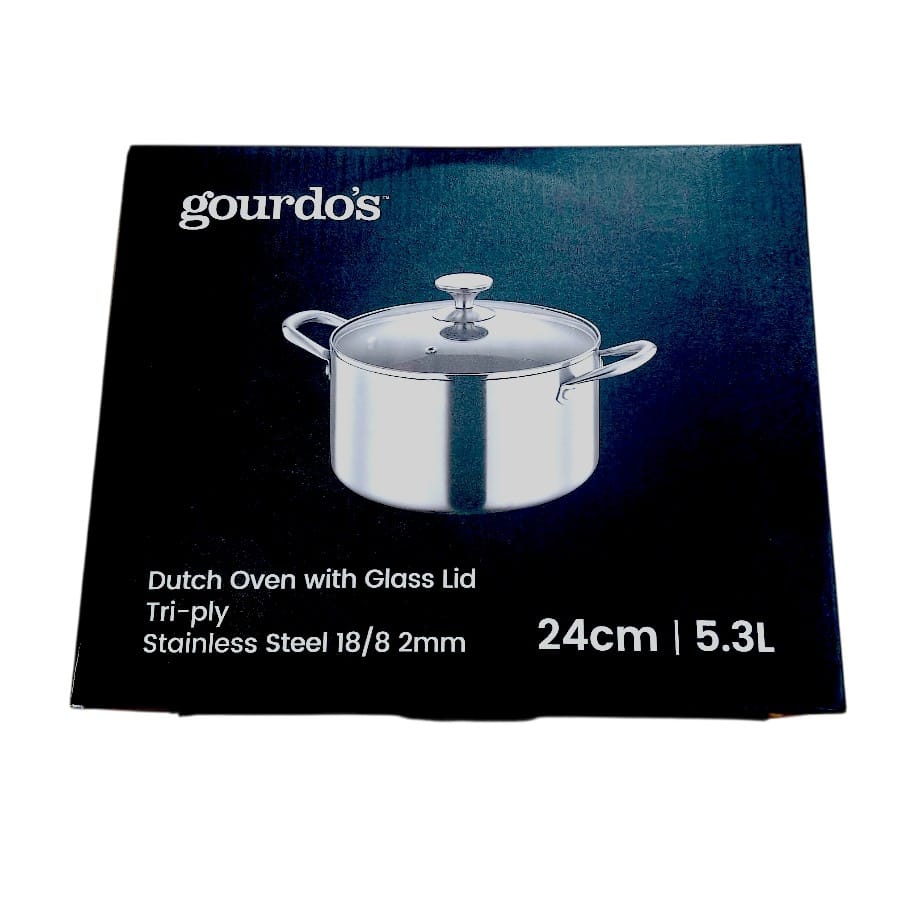 Gourdo's Dutch Oven  Stainless Steel Triply 18/8  With Glass Lid 24 CM / 5.3 Liters