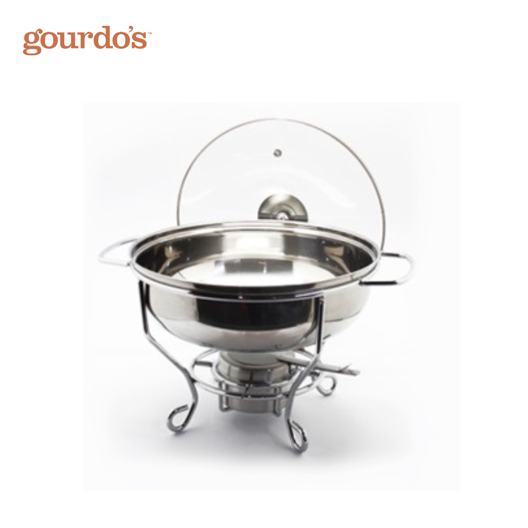 Gourdo's Chafing Dish, Stainless Steel, Single Bowl with Lid Holder 3.5L / 27cm & 2 Free Servers
