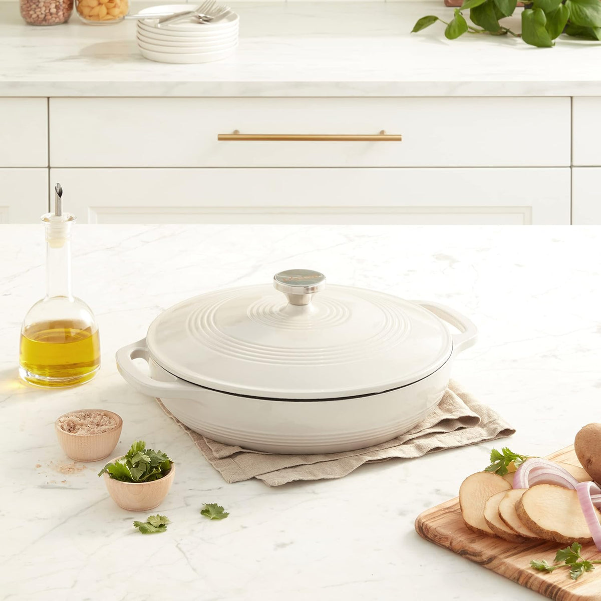 Lodge Enameled Cast Iron Covered Casserole Oyster White 3.6QT